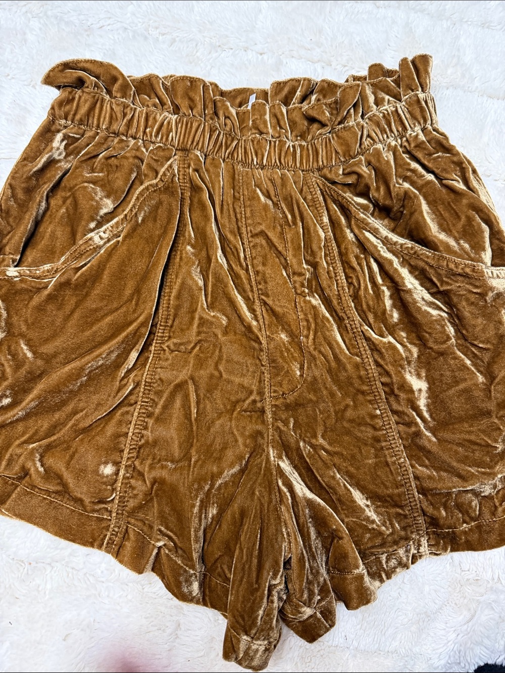Free People Women’s Velvet Paperbag Waist Shorts in dark yellow